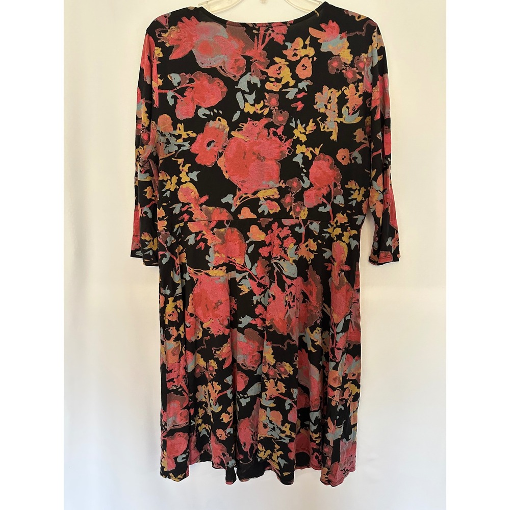 Peruvian Connection Floral Surplice Wrap Dress Large Black Pink Boho - Picture 3 of 6